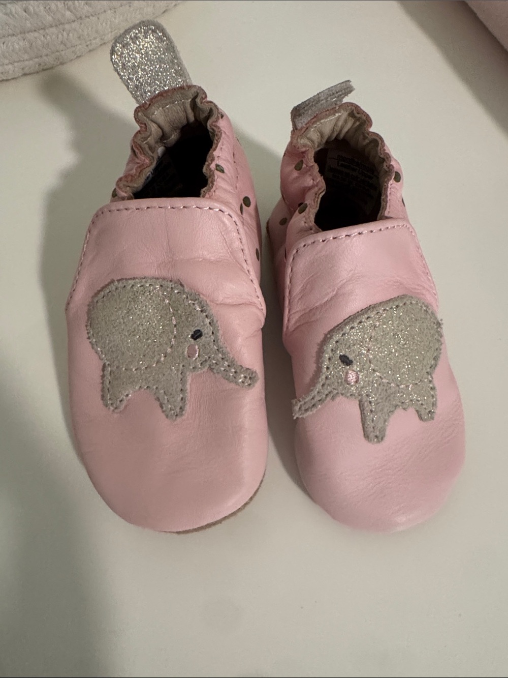 Robeez Pink Leather Slip-On Baby Shoes with Glitter Elephant